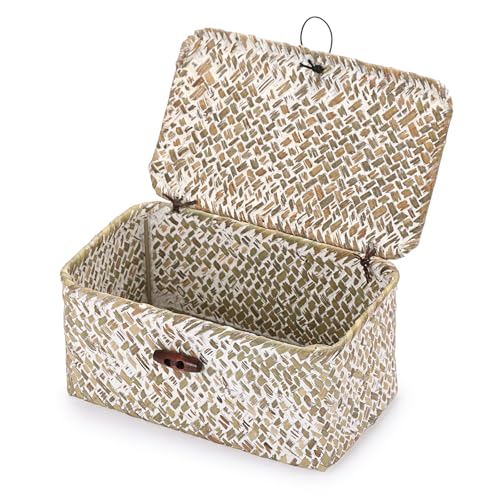 Handwoven Seagrass Basket Small Wicker Basket with Lid,7x4.3x 3.3" - color: Whitewash color, size: 7.0"L x 4.3"W x 3.3"H