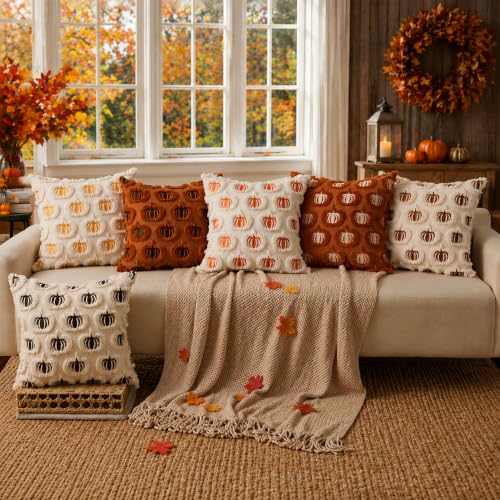 DFXSZ Fall Pillow Covers 18x18 Set of 2 Rust Pumpkins Embroidery Beige - color: Beige Rust Pumpkin, size: 18" x 18" (Pack of 2)