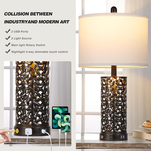 Cinkeda Vintage Lamp for Living Room Set of 2,Rustic Retro Bedside Nightstand Lamps with 2 USB Ports & AC Outlet,Touch Control Industrial Desk Lamp for Bedroom Entryway,Black with Bronze Bruch - color: Bronze
