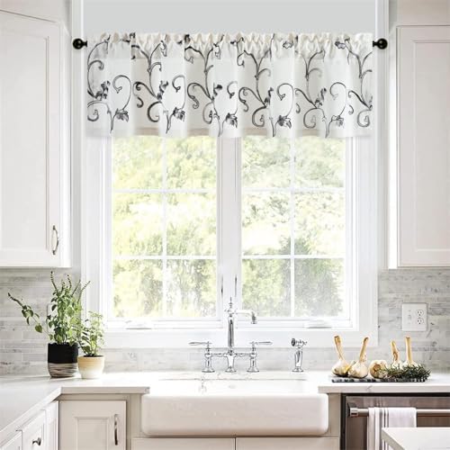VOGOL Gray Leaf Embroidered Linen Textured Valance, 60 x 14, 1 Panel - color: Grey, size: 60"W x 14"L (Pack of 1)