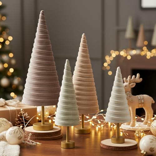 Hoolerry 4 Pcs Christmas Velvet Trees with Gold Pedestal, Nude Tone - color: Nude Tone