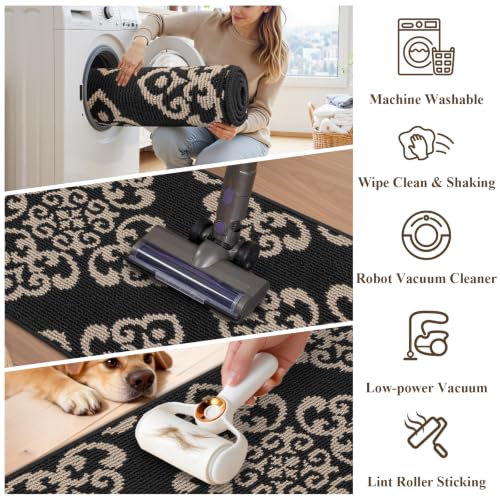 U'Artlines 3-Piece Kitchen Rug Set Damask Medallion Floor Mats - color: Damask Black