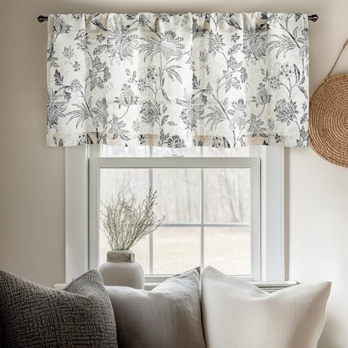 Vangao Linen Valance Curtain Farmhouse Cottage Floral Small Window Curtain Light Filtering for Kitchen Rustic Valance for Living Room Bedroom Rod Pocket 1 Panel Black on Beige - color: Jacobean Black, size: 50"W x 16"L (Pack of 1)
