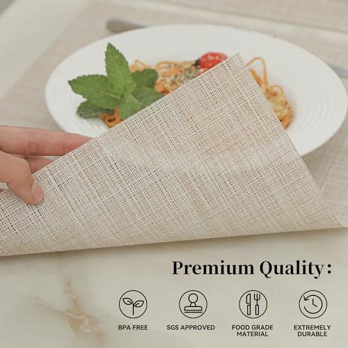 Woven Vinyl Beige Placemats Set of 16, Linen Look & Easy to Clean - color: Beige, size: Set of 16