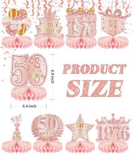 9 Pcs 50th Birthday Decoration for Women 1976 Pink Table Honeycomb Decor - color: 50th-rose Gold Pink