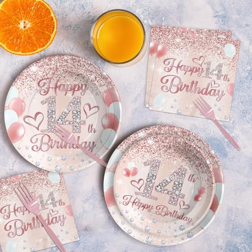 Grencian 96Pcs Rose Gold 14th Birthday Party Decorations, Serves 24 - style: Rose Gold 14th Birthday