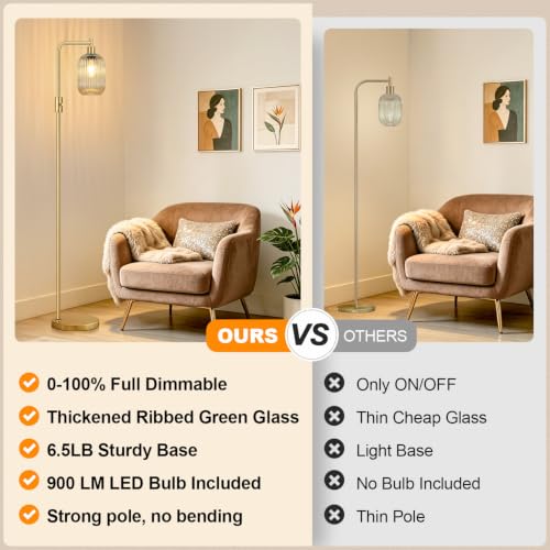 【Upgraded】 Dimmable Floor Lamp for Living Room with Amber Ribbed Glass Lampshade, Gold Modern Floor Lamp with 900LM LED Bulb Included, Arc Standing Tall Lamp for Bedroom, Office, Reading Room, Corner - color: Amber Ribbed Glass-Gold