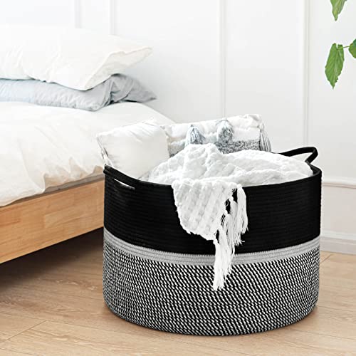 CHICVITA Extra Large Woven Rope Blanket Basket with Handles, Black - color: Black and Gray