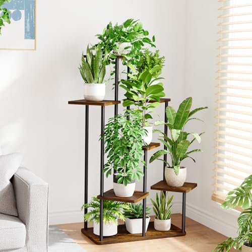 Bamworld Large Plant Stand Indoor Tall Metal Plant Shelf - color: Brown Oak, size: 7 Tier