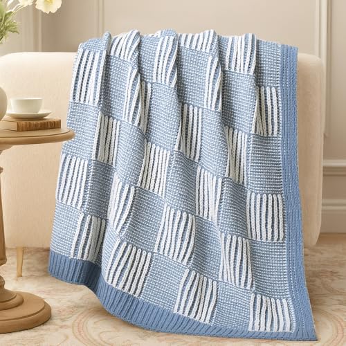 Amélie Home Checkered Knit Throw Blanket for Couch, Blue 50"x60" - color: Checkered Blue, size: 50" X 60"