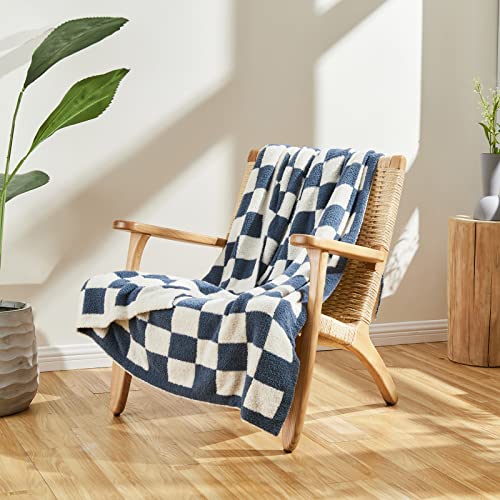 CozeCube Dusty Blue White Reversible Checkered Knit Throw Blanket 50"x60" - color: Dusty Blue and White, size: 50"x60"