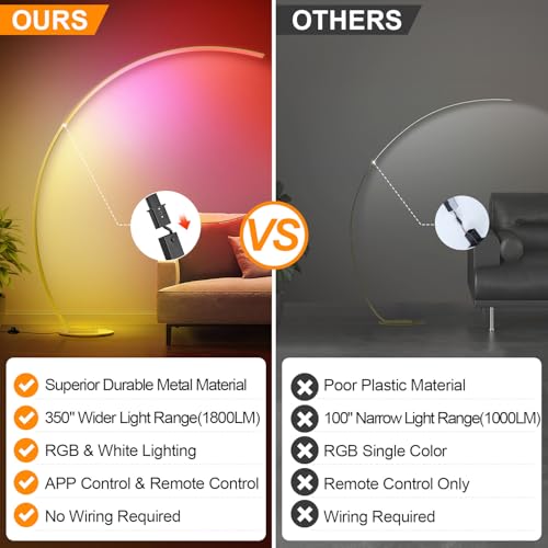 RGB Floor Lamp with 3 Color Temperatures, Ultra Bright 1800LM Smart Arc LED Floor Lamp with Remote Control, Music Sync, Scene Modes, Modern Standing Tall Lamp for Bedroom Living Room Gaming Rooms-Gold - color: Gold-RGB–67"–350" Ultra-Wide Coverage