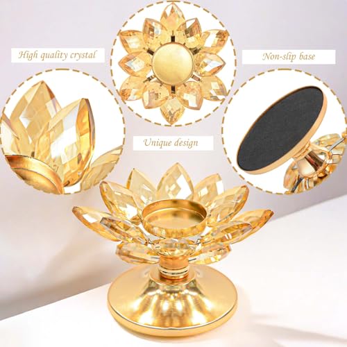 1 PC Gold Crystal Flower Tea Light Holder, Glass Tealight Candlestick with Metal Base, Votive Candle for Table Centerpiece, Wedding/Parties Decor, Nice Gift - color: Gold