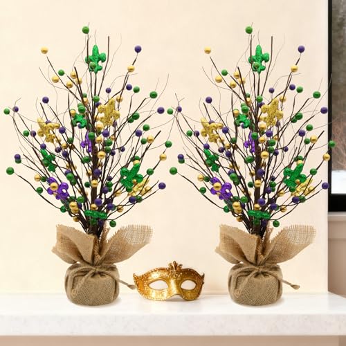 nuvagiki Mardi Gras Table Tree Decorations, 2 Pack 17'' Artificial Berry Blossom Tree Table Centerpiece for Mardi Gras Holiday Decorations, Mardi Gras Home Decor, Mardi Gras Gifts - color: Gold