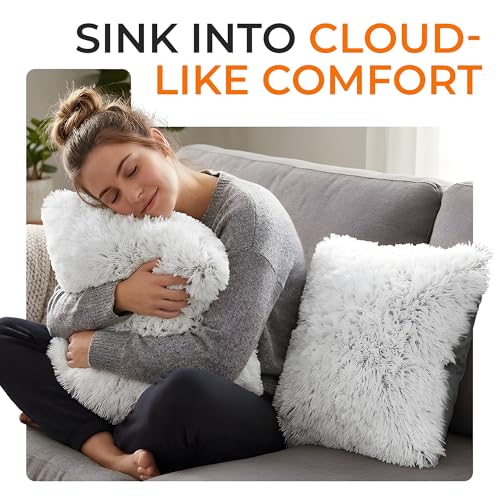 Cheer Collection Throw Pillows for Couch and Bed, Soft Shaggy Throw Pillows with Inserts Included, Cozy Long Hair Faux Fur Pillows - Set of 2-18" x 18" - Gray - color: Gray Ombre, size: 18 x 18-Inch