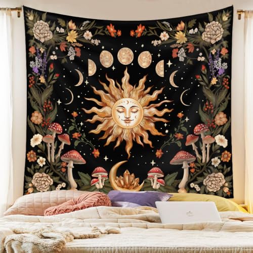 Jhdstore Burning Sun Wall Tapestry for Bedroom Moon Phase Tapestry Wall Hanging Witchy Room Decor Botanical Flowers Tapestries Aesthetic Fabric Posters for Bedroom Living Room Decor 51” x 59” - color: Botanical Sun Moon, size: 59"L x 51"W