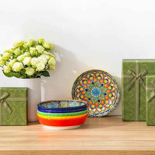 vancasso 32 Oz Pasta Bowls, Porcelain Large Colorful Salad Soup Bowls Set of 6, Pasta Serving Bowls Plates for Kitchen, Dishwasher & Microwave Safe, Series KRVI - color: Boho