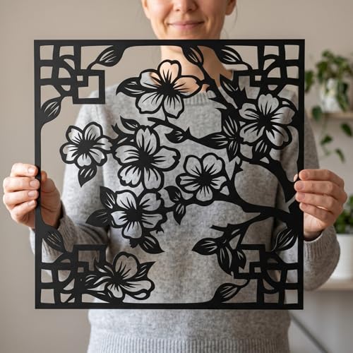 Metal Wall Decor | 17' x 17' x 0.05'' Cherry Blossom Asian Style Art Themed Wall Decorations | Handmade Indoor and Outdoor Wall Art (17'' x 17'', Cherry Blossom Asian Style, Black) - size: 17'' x 17'', style: Cherry Blossom Asian Style