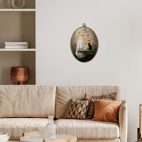 OINDADE Halloween Black Cat Ghost Oval Wall Art Decor, Fall Spooky Ghost Coffee Wall Art Hanging Decor, Halloween Fall Cat Coffee Lovers Framed Canvas Artwork for Kitchen Living Room Home, 8.8x11.5in - color: Color-4