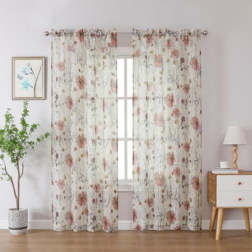 OWENIE Crushed Semi Sheer Curtains 72 Inches Length 2 Panels, Floral Pattern Design Rod Pocket Light Filtering Farmhouse Curtains for Bedroom Living Room, 2 Pieces Total 84 Inch Wide, 72 inch Long - size: 42"W x 72"L (Pack of 2)