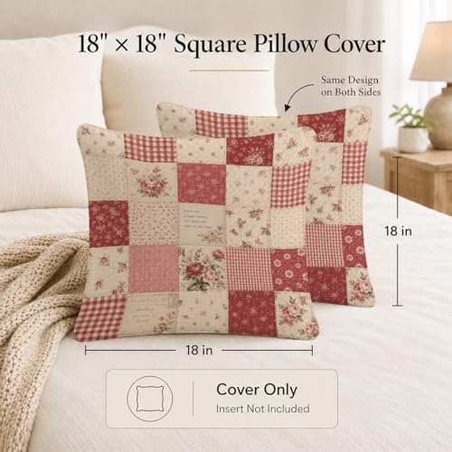 Shabby Chic Rose Patchwork Throw Pillow Cover 18x18 - color: Red