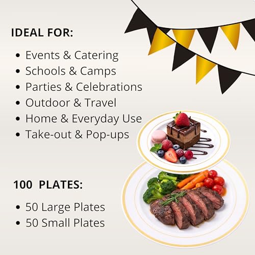 Neatiffy 100 Pcs Gold Rim Plastic Dinnerware Set (50 Guest) | 50 x Dinner Plate, 50 x Dessert Plate | BPA-Free | for Wedding, Luxurious Party, Special Event - color: White Gold Plate