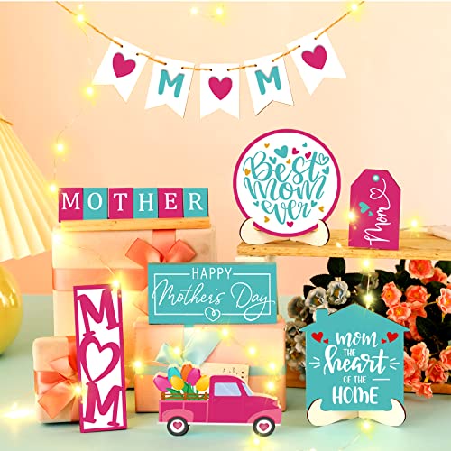 12 Pcs Mother's Day Tiered Tray Decor Happy Mother's Day Sweet Decorations Wooden Table Truck Flower Signs Gift for Mom - style: Best Mom