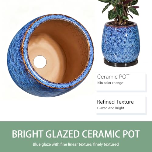 10.3 Inch Ceramic Glaze Plant Pot with Saucer, Flower Pots with Drainage Hole Mesh Net (Blue) - color: Blue