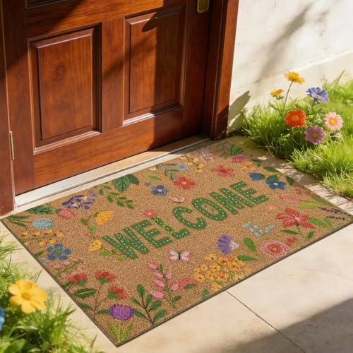 Likiyol Floral Coir Door Mat Outside Entrance, Colorful Flower Welcome Mat Front Door Mats Non Slip Spring Doormat Outdoor Indoor Entrance, Low Profile, 18" x 30" - color: Brown, size: 1'6" x 2'6" (Rectangular)