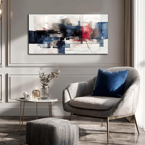 Fuwobriva Abstract Canvas Wall Art for Living Room Bedroom Office Large Wall Art Decor Abstract Wall Art Modern Black Red and Blue Geometry Painting Artwork 20"x40"