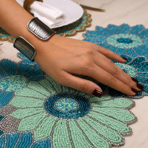 ALPHA Living HOME Blue Beaded Runner 13x36 Inch Glass Beads Table Decor - color: Teal/Sky Blue