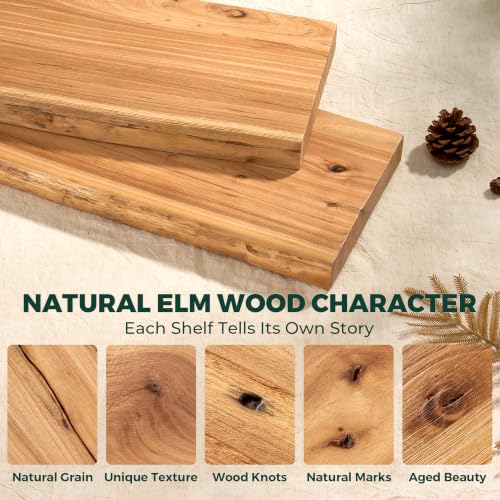 36in Live Edge Solid Elm Floating Shelves, Natural, Set of 2 - color: Natural Color, size: Live Edge 36 inch, 2Packs