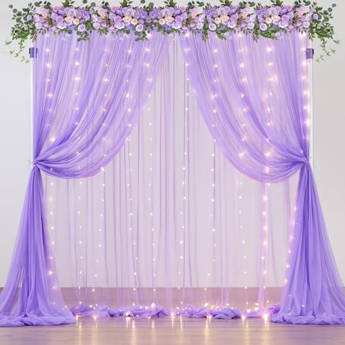 Sheer Curtains with Lights String Purple Tulle Curtain for Living Room Bedroom Parites Wedding Birthday Decorations 2 Panels 60" Wx96 L - color: Purple, size: 60"W x 96"L (Pack of 1)