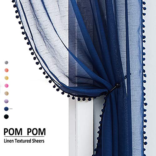 Pom Pom Navy Blue Sheer Curtains for Bedroom 52x84" Linen Textured Drape 2 - color: Classic Blue, size: 52"W x 84"L (Pack of 2)