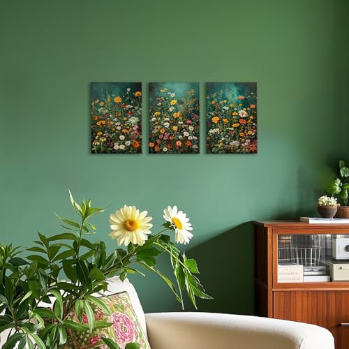 ZQARTZZQ Botanical Floral Canvas Print Framed Wildflower Wall Art Painting Rustic Dark Green Colorful Flower Artwork, Vintage Painting Pictures Set of 3 for Living Room Bedroom Bathroom 12x16in - color: Green Wildflower, size: 12x16in Canvas