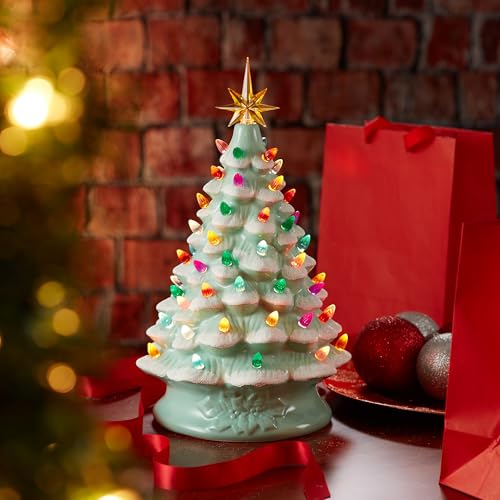 Casafield Hand Painted Ceramic Christmas Tree, Seafoam Green Snow Flocked 15-Inch Pre-Lit Tree with 128 Multi Color Lights and 2 Star Toppers - color: Seafoam Snow Flocked