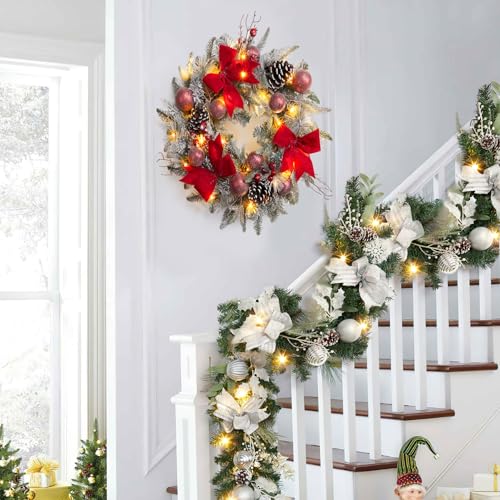LinTimes 6 FT Pre-Lit Christmas Garland, Silver Lighted Xmas Garland with 20 LED Lights with Timer for Mantle Staircase Table, Winter Garland with Ribbon, Xmas Balls, Snowflake, Battery Operated