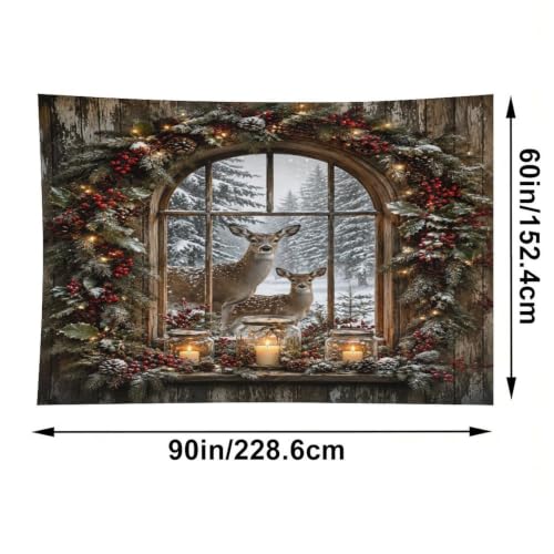 Bgdfhk Christmas Deer Window Scene Decorative Wall Tapestry 60"x90", Soft Polyester Lightweight Tapestry Blanket for Bedroom Living Room Dorm Apartment Home Decor - color: Christmas Deer Window Scene, size: 90"L x 60"W