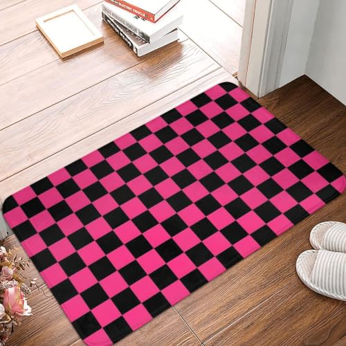 Pink Black Checkered Bath Mat Non-Slip Soft Flannel Bathroom Rugs Washable Bathmat, Carpet Rug Entryway Decor for Tub Shower Room Floor Home Kitchen,24x16 in - color: Pink Black Checkered, size: 1'4" x 1'11" (Rectangular)