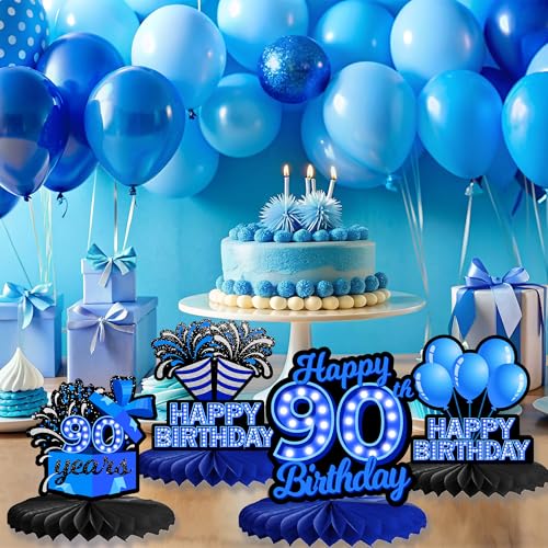 Happy 90th Birthday Honeycomb Centerpieces 9Pcs Stylish Sophisticated Blue Neon Theme Table Decor for Men Women Birthday Party Celebration Favors Decorations Photo Props Supplies - BECKTEN - color: 90