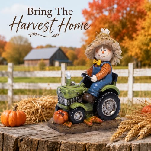 Hodao Thanksgiving Scarecrow Tractor Figurine, Fall Harvest Decor-Green - color: Green
