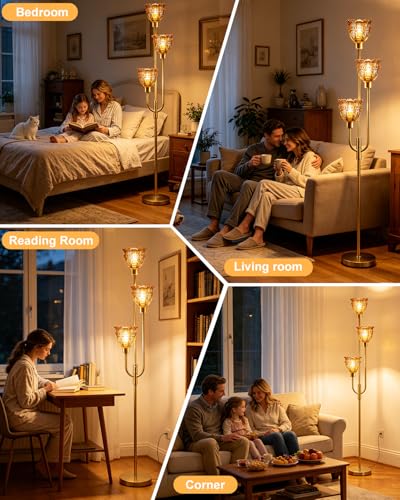 Amber Glass Floor Lamp 66IN 3-Light Modern Gold Dimmable Tree Floor Lamps - color: Amber Lace-Gold