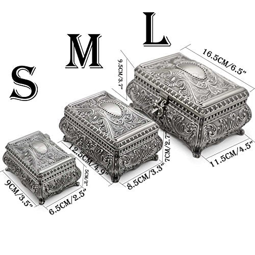 Rectangle Antique Metal Jewelry Box Trinket Storage Organizer Gift Box Chest Ring Case with Floral Engraved for Girls Ladies Women, Large - size: Large