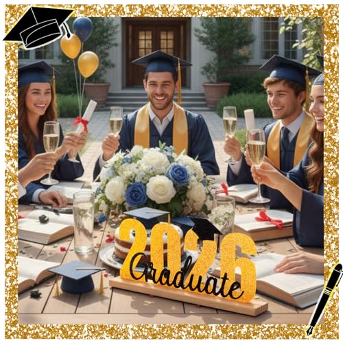 MiniInflat Graduation Table Decoration Graduate Metal Sign Class of 2026 Tiered Tray Decor Rustic Graduation Tabletop Centerpiece Bachelor Hat Decor with Wooden Base for Graduate Party Supplies Shelf - style: Graduate