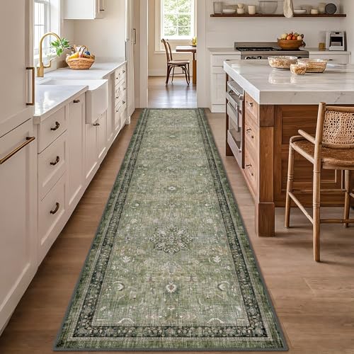 nesrt Vintage Geometric Washable Hallway Runner Rug 2x10 Ft, Dark Green Boho Thin Non-Slip Long Kitchen Carpet, Soft Indoor Stair Rug for Entryway Bathroom Farmhouse Floor Decor - color: Vintage-green, size: 2' x 10' (Rectangular)