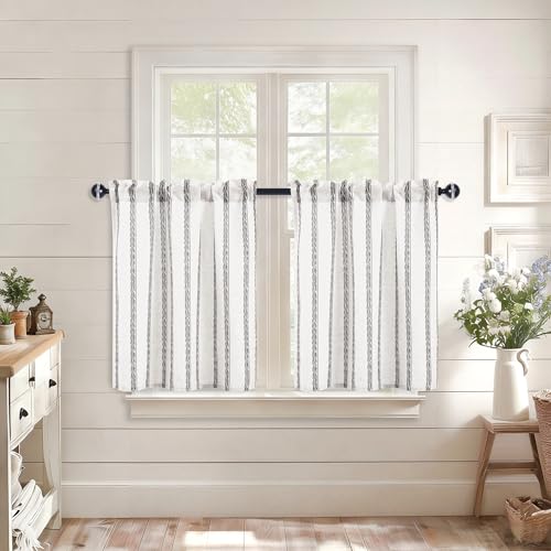 JIUZHEN Striped Linen Kitchen Curtains 2 Panels - Short Tier Drapes with Rod Pocket, Farmhouse Cafe Curtains for Small Windows 36 Inch Length, Wheat Stripe Grey - color: Wheat Stripe Grey, size: 26"W x 36"L (Pack of 2)