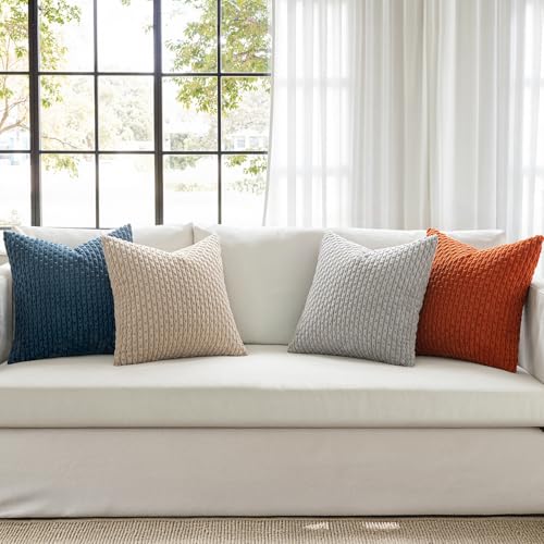 MIULEE Blue Orange Decorative Throw Pillow Covers for Couch Living Room 18x18 Inch Soft Pillow Cases Set of 4 Boho Striped Corduroy Farmhouse Cushion Covers Home Decor for Sofa Bed - color: Blue and Orange