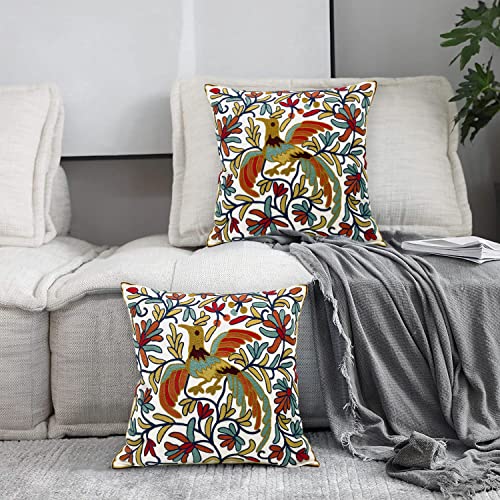 Alysheer Embroidered Summer Decorative Throw Pillow Cover 18"x 18" Set of 2, Boho Orange Bird Embroidery Patterned Cotton Cushion Case for Sofa Couch Living Room Bedroom Outdoor - color: Bird Orange, size: 18" x 18" (Pack of 2)