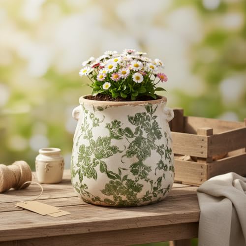 Ceramic Flower Vase, Cottagecore Vases & Planting Pots with Drainage - color: Ivory Green Floral