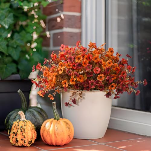 Artificial Fall Hanging Flowers Basket, UV Resistant Mums for Outdoors - color: Orange Brown Red